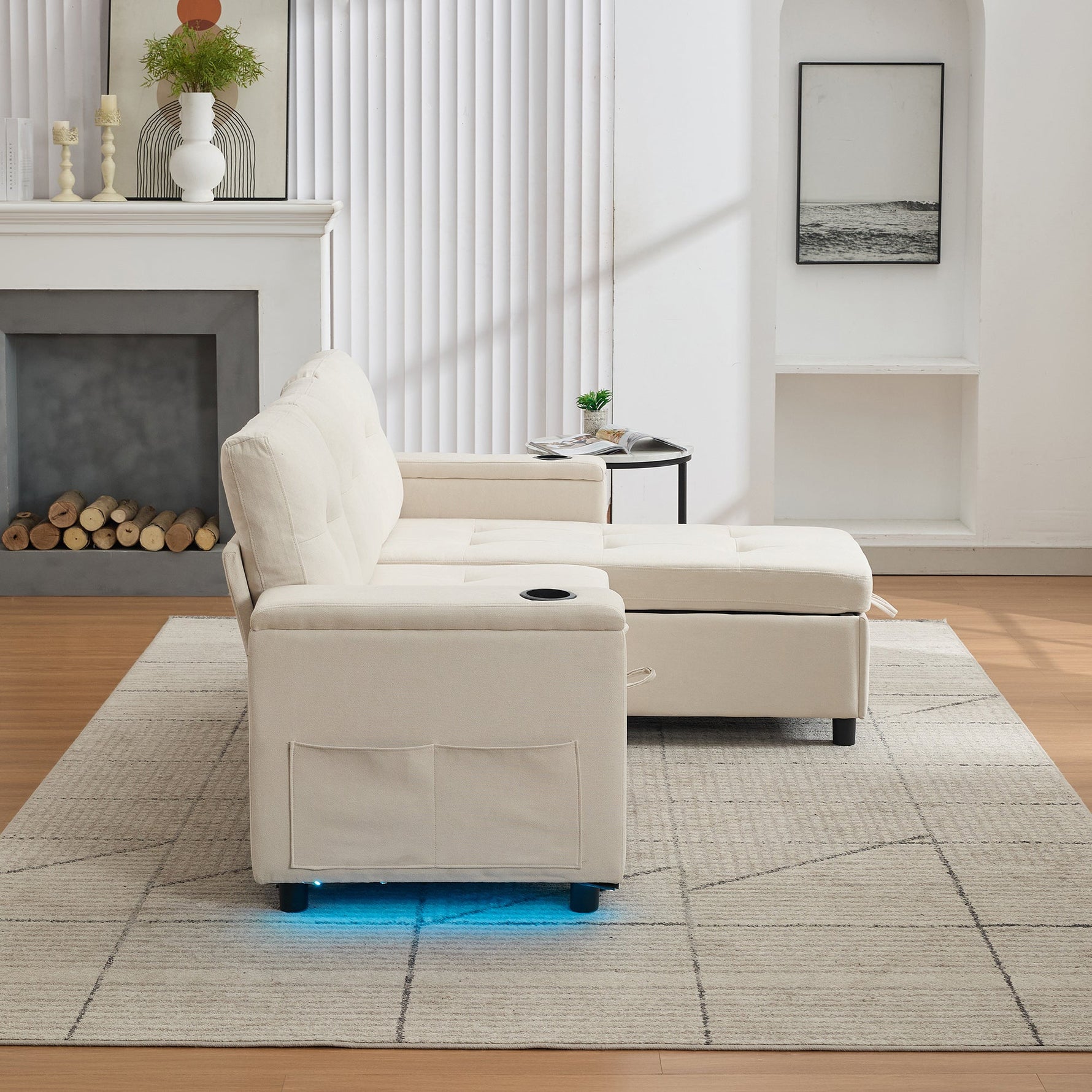 Treviso L-Shaped Sofa Bed 3-Seater Fold-Out Hidden Storage LED Strip Beige