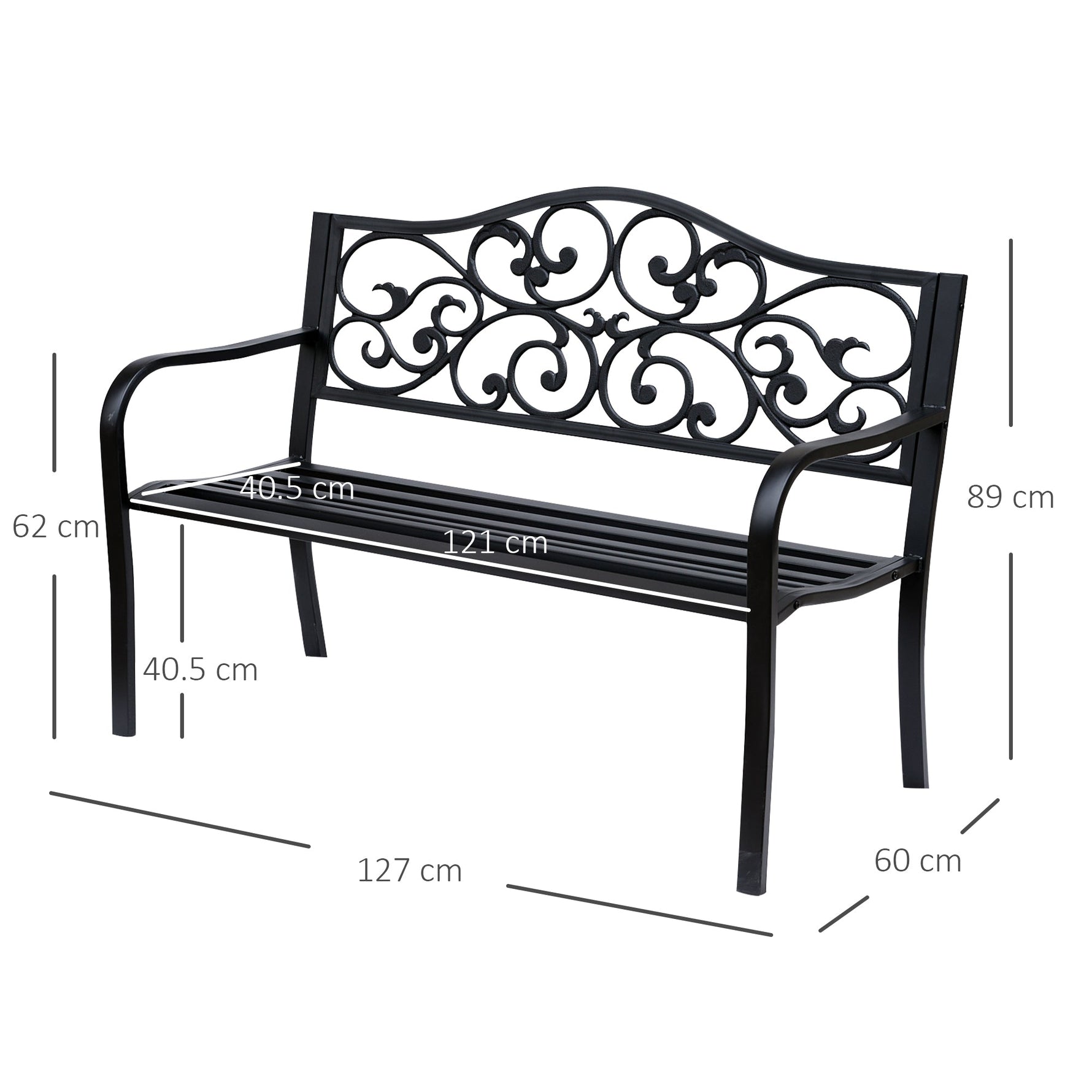 Garden Bench 3-Seater Steel with Cast Iron Armrests, Black