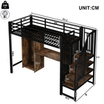 Loft Bed 90x200 cm with Wardrobe, Desk & Storage, Black Iron Frame