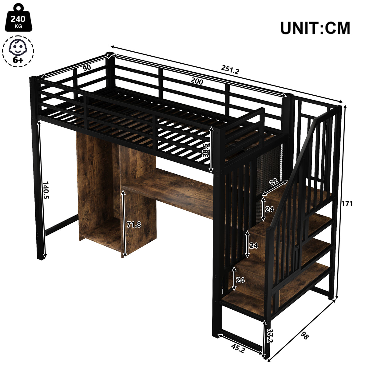 Loft Bed 90x200 cm with Wardrobe, Desk & Storage, Black Iron Frame