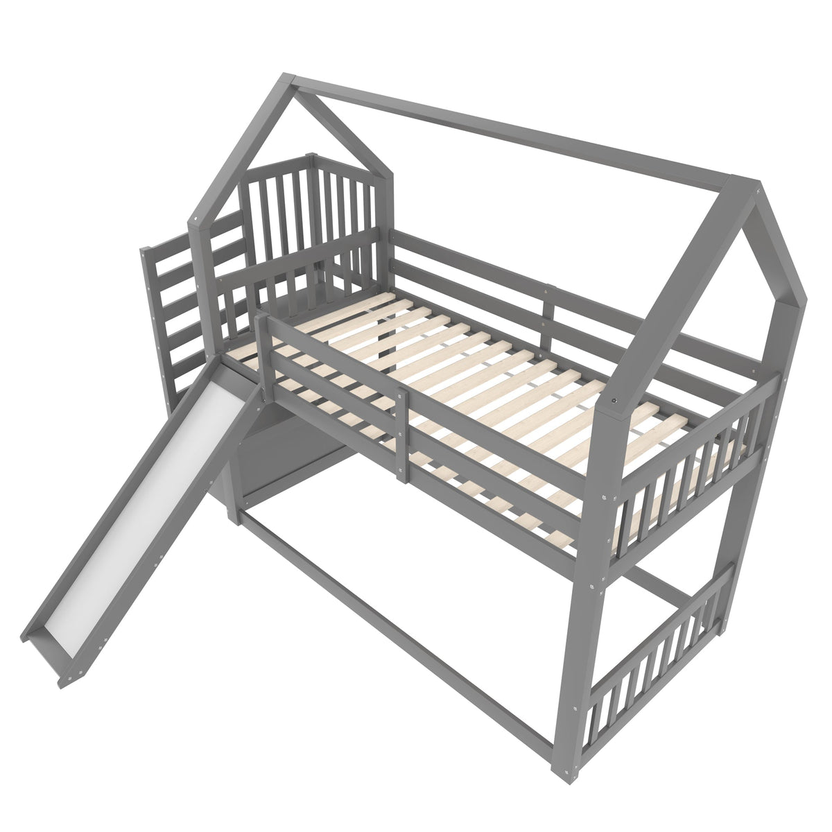 Bunk Bed House Bed 90x200cm Storage Stairs Slide Railing, Grey