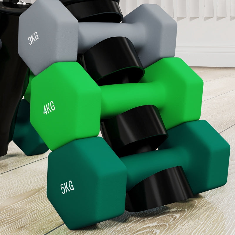Dumbbell Set 6-Piece Hexagon with Stand, 2x3kg/2x4kg/2x5kg Weights, Grey+Green+Turquoise