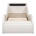 Car Shaped Upholstered Bed with Light-up Wheels and Storage, White PU