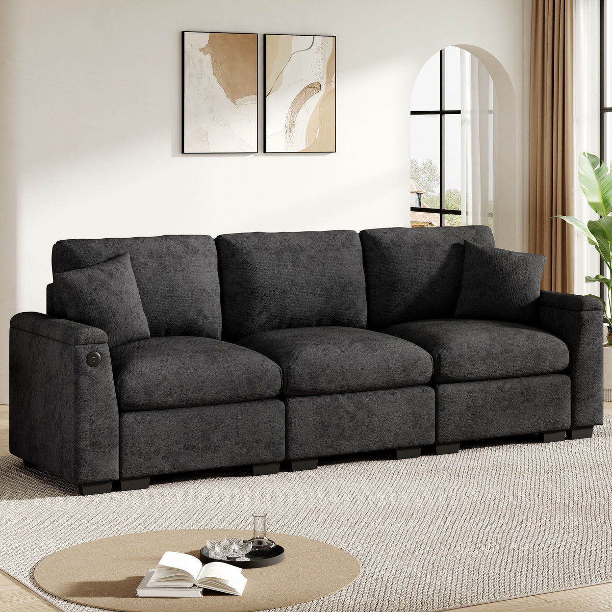 Three-Seater Sofa Multifunctional Folding Table USB Storage - Chenille
