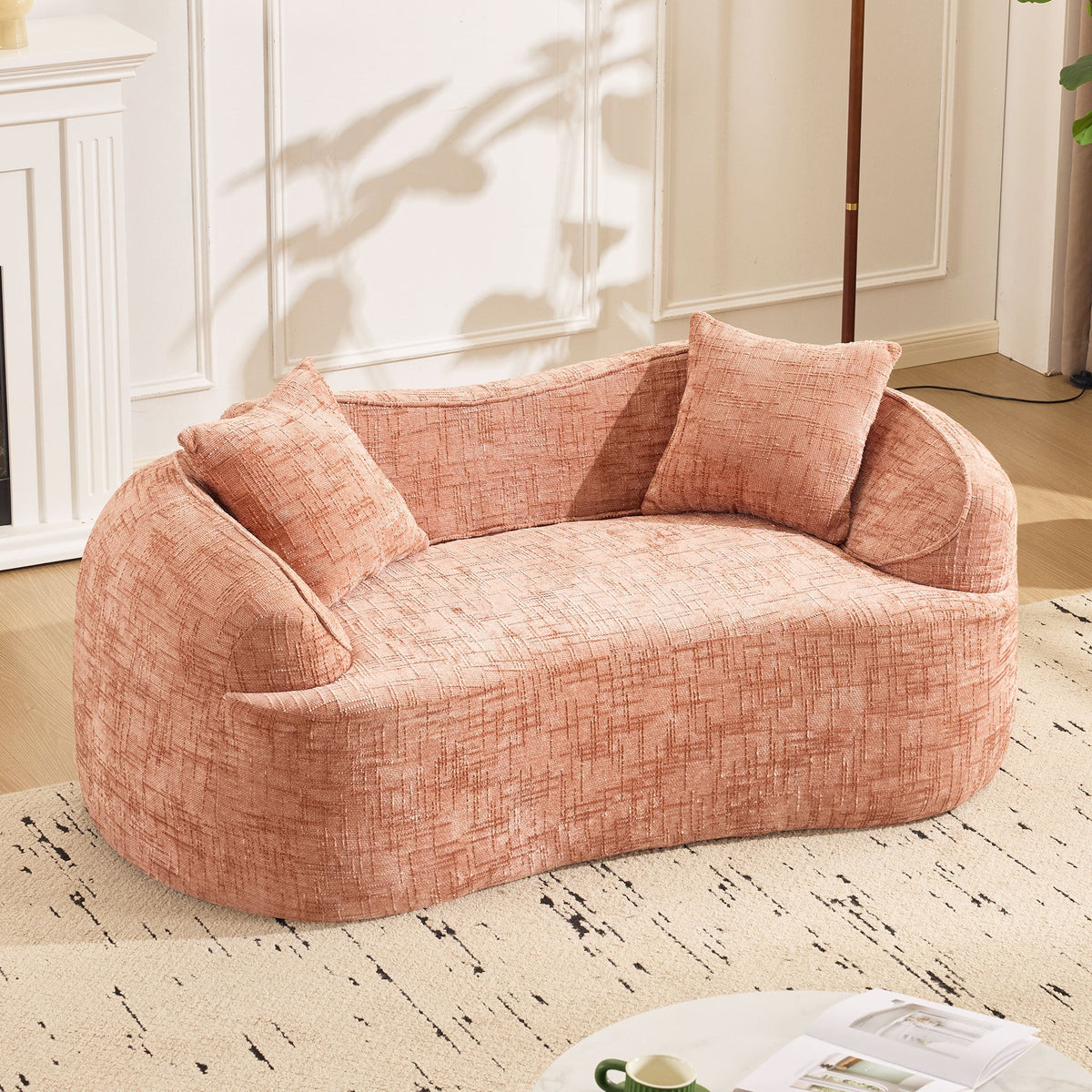 Sofa, curved two-seater with armrests and 2 cushions, cream linen