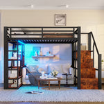 Loft Bed 140x200cm Iron Frame, Storage, Steps, LED, Black