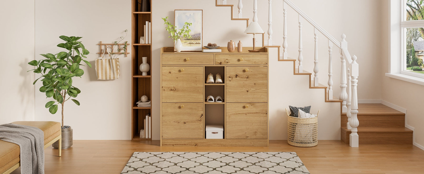 Shoe Cabinet with 4 Hinged Doors, 2 Drawers and 3 Open Compartments, 110x26x100cm, Wood Color