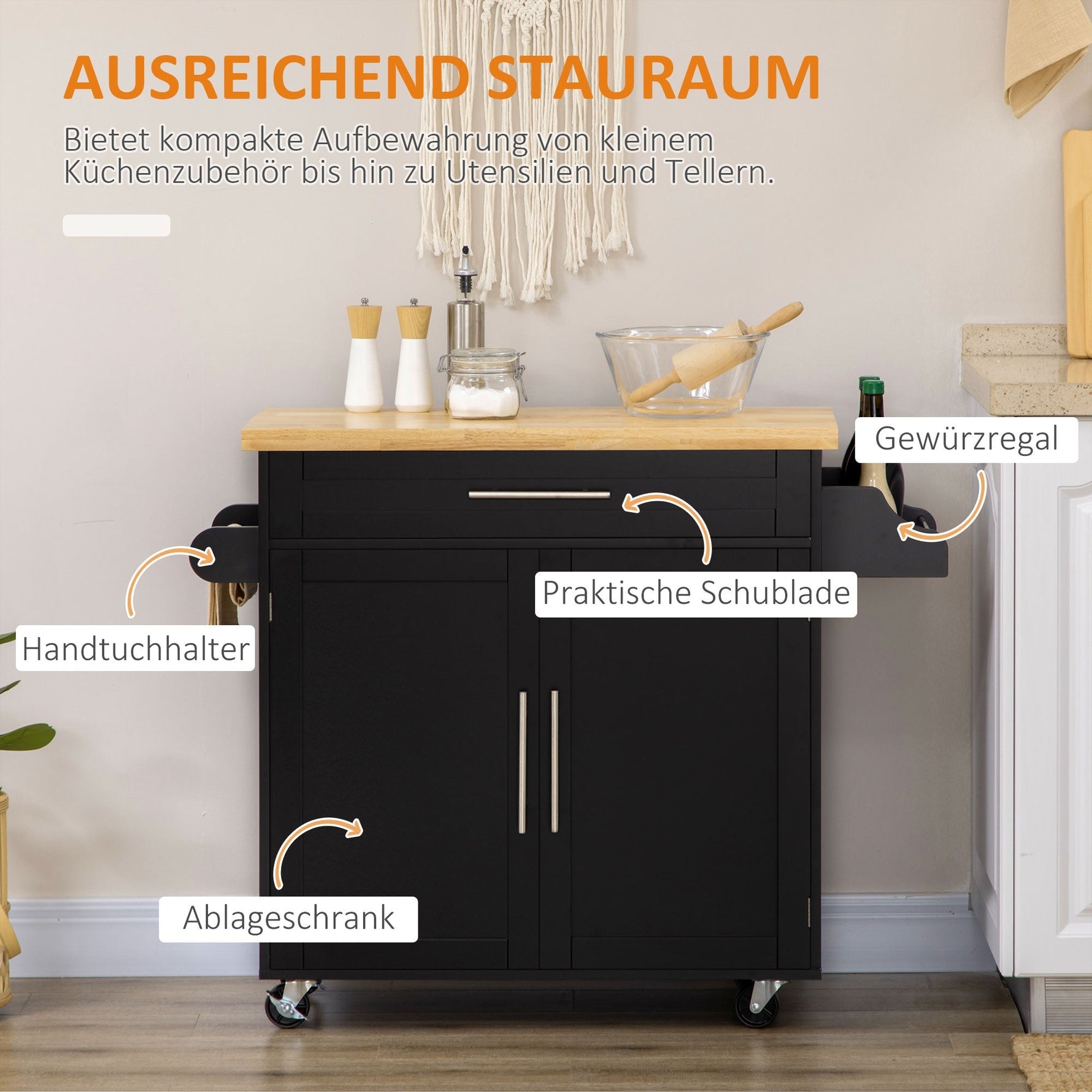Kitchen Cart Serving Trolley with Worktop, Spice Rack, Towel Holder, Wood