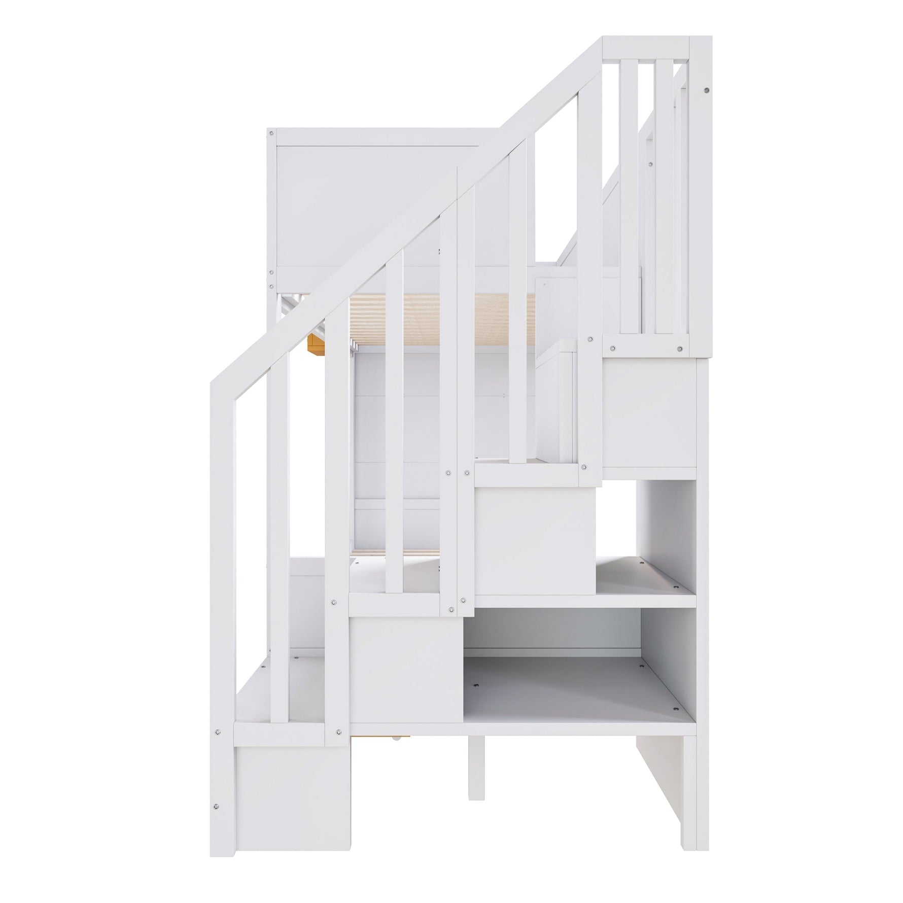 Bunk Bed with Storage Drawers, Safety Stairs, Desk and Star Motif, 90x200cm Solid Pine Wood, White