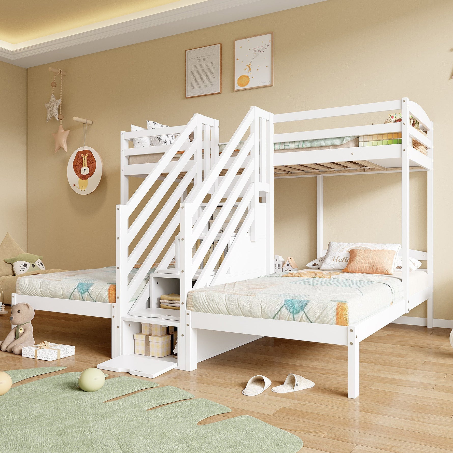 Bunk Bed with 3 Beds and Storage Ladder, White Pine Wood
