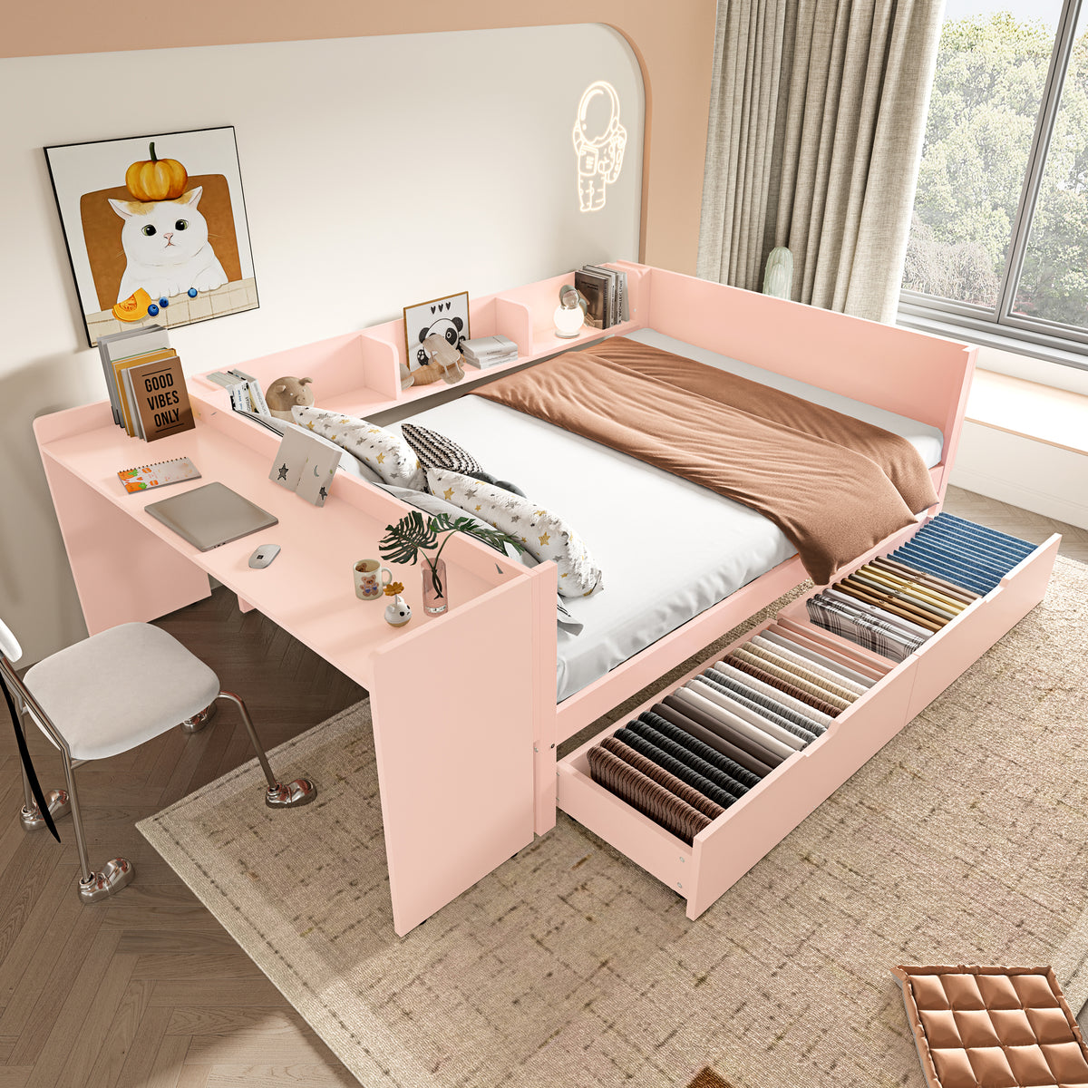 Wooden Double Bed 140x200cm with Desk & Drawers, Pink Pine