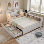 Double Bed Panel Headboard Storage Lights USB Cabinets Drawers Pine+Chipboard+MDF, White, 140x200cm