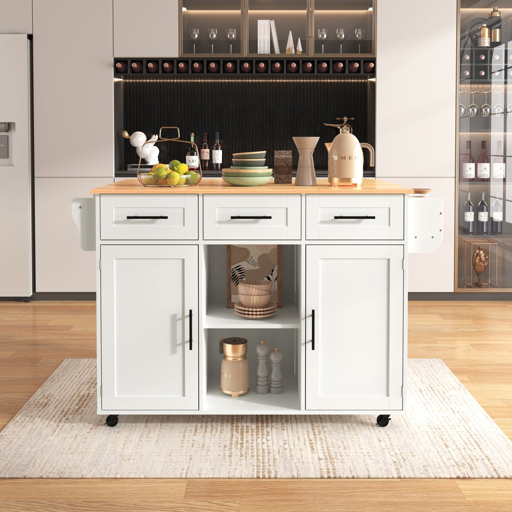 Dining Cart Sideboard 139cm Folding Worktop Storage on Wheels - White/Wood