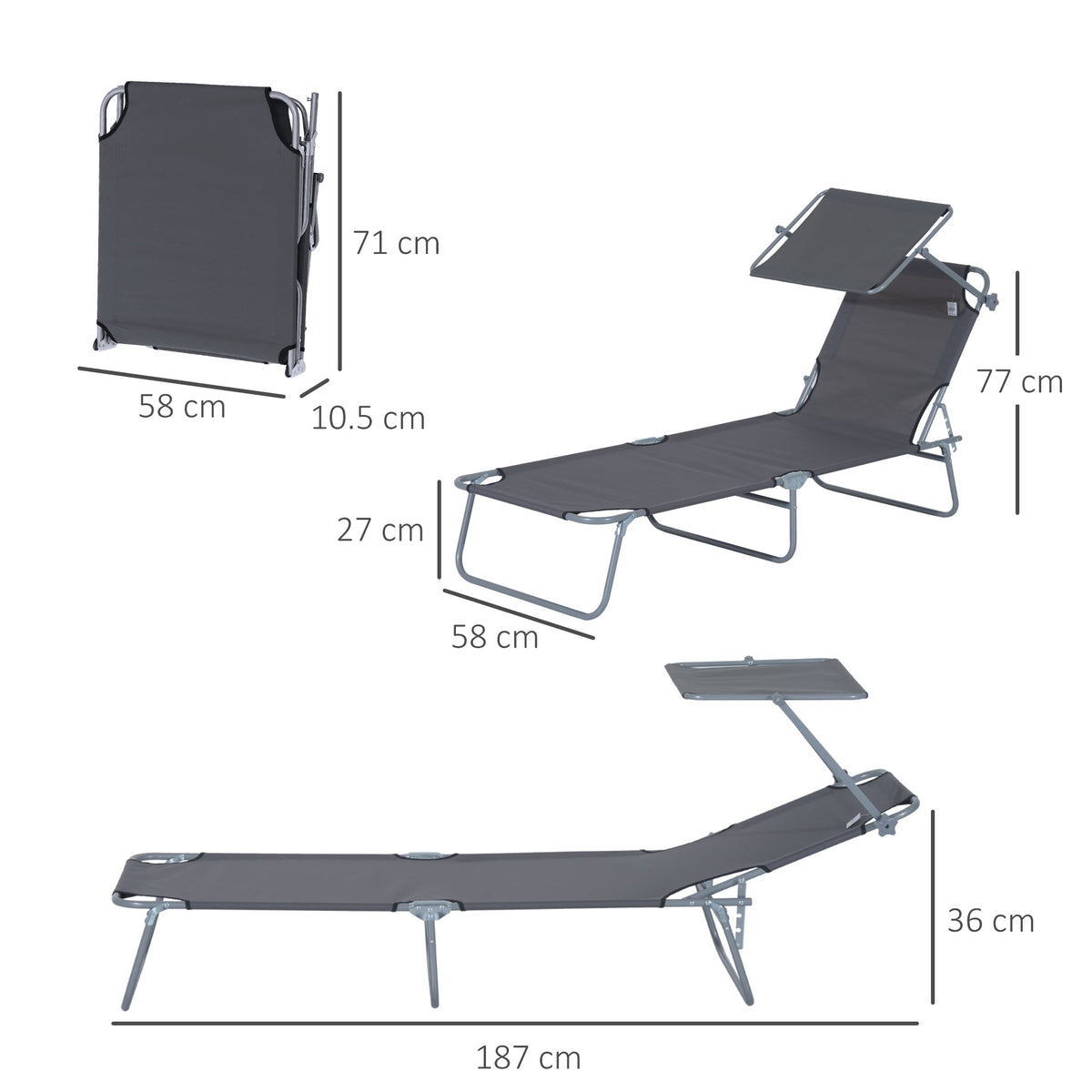 Folding Sun Lounger Deck Chair with Sunshade 187x58x36 cm, Grey
