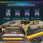 Upholstered Double Bed, 160x200 cm LED Storage with USB-C, Metal Frame, Gray Linen