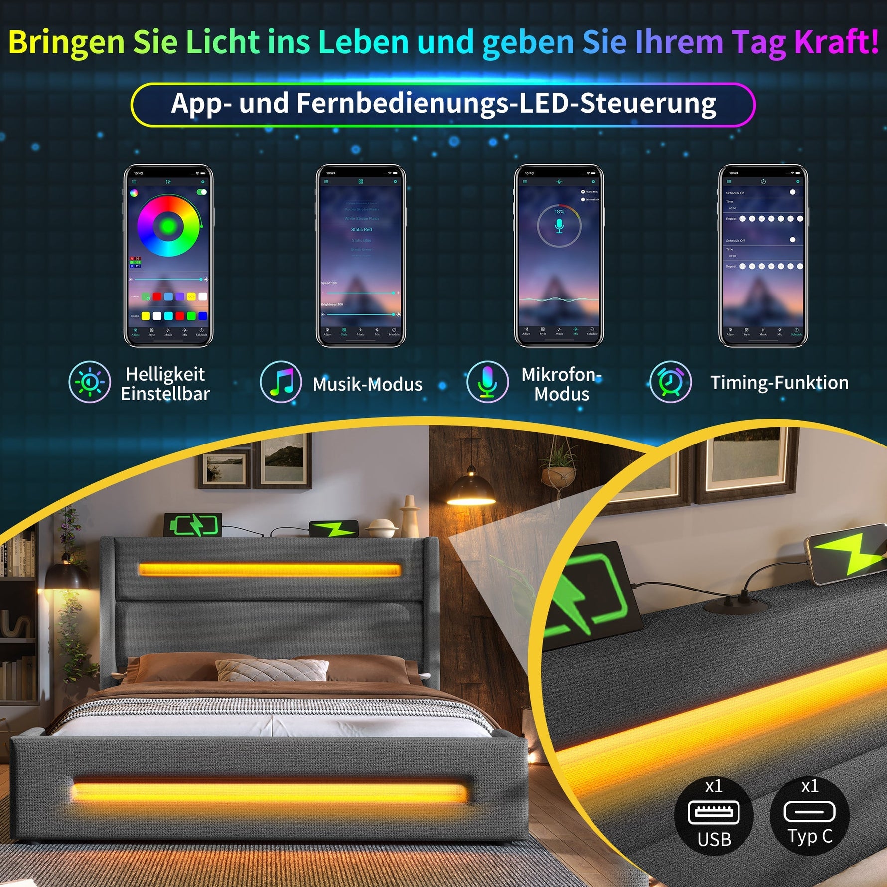 Upholstered Double Bed, 160x200 cm LED Storage with USB-C, Metal Frame, Gray Linen