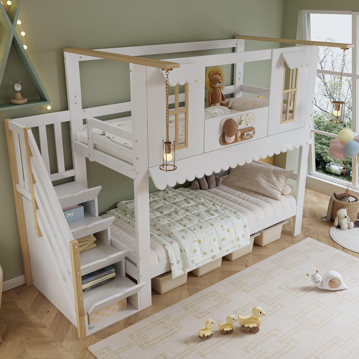 Children's Bunk Bed 90x200cm with Storage Stairs, White & Natural