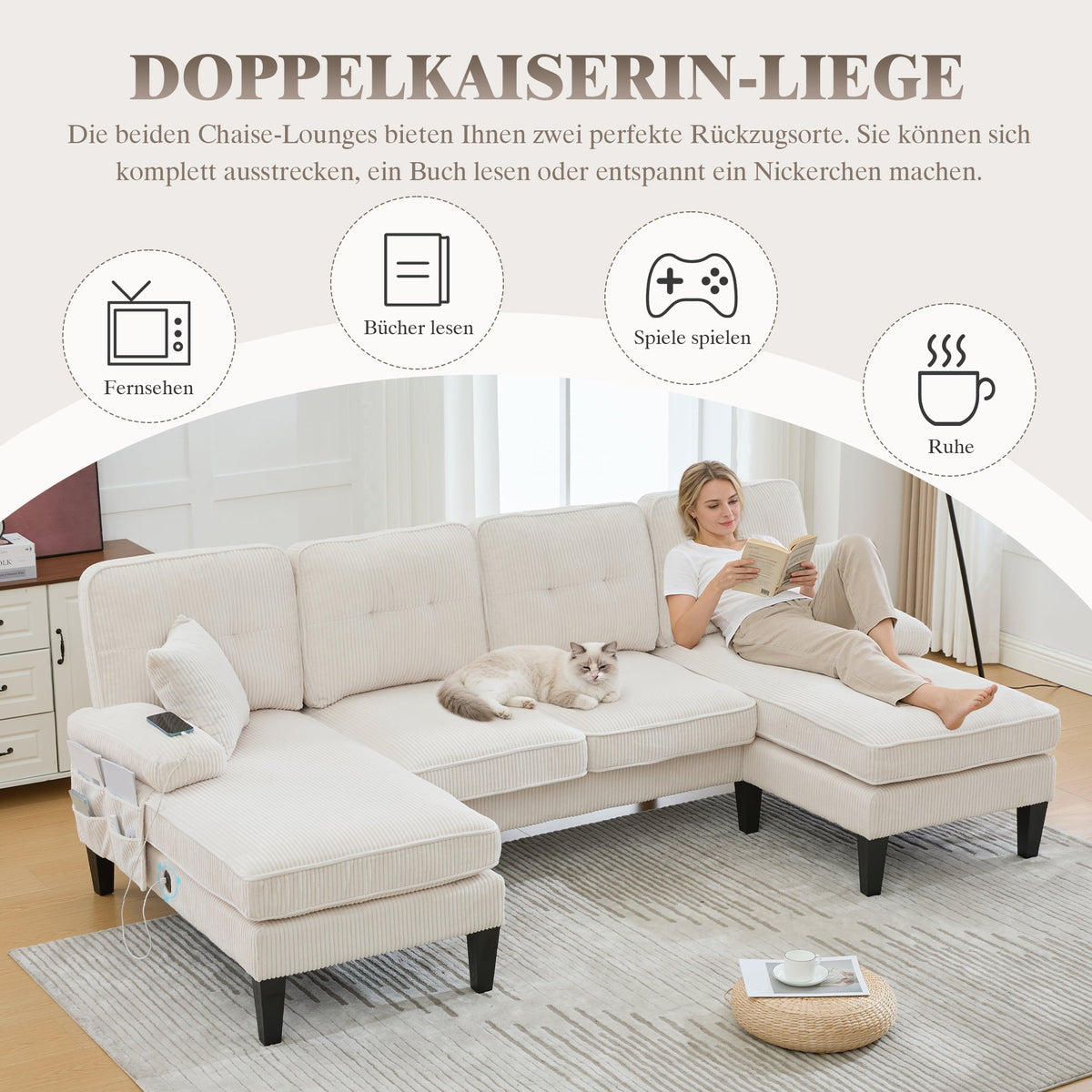 Modern 4-Seater U-Shaped Sofa with Double Chaise Lounge and Corduroy Upholstery, Beige