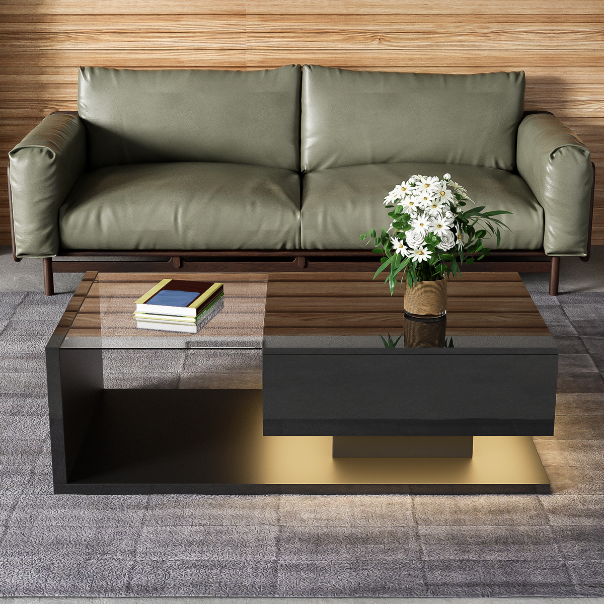 Coffee Table with Glass and LED Effect, High-Gloss Black