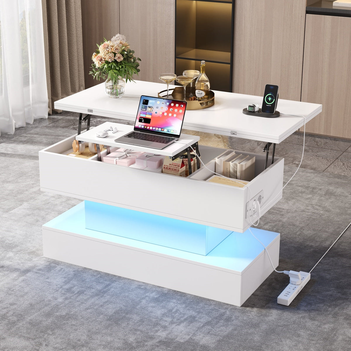 Coffee Table 100x50x51.5cm Lift-Top LED USB Power Outlet Storage, White
