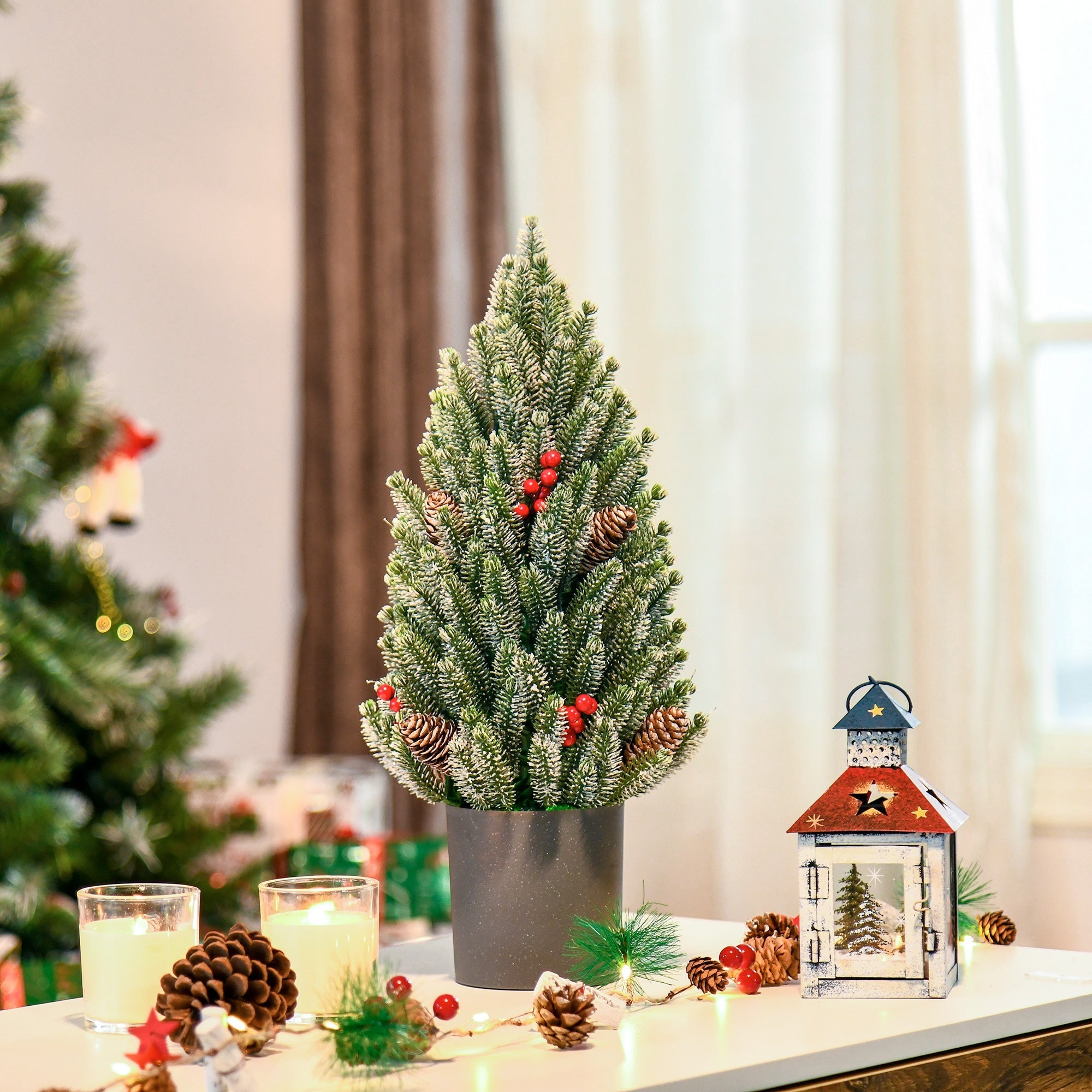 Artificial Christmas Tree Table 170 Branches Snowy Berries Pine Cones Plastic