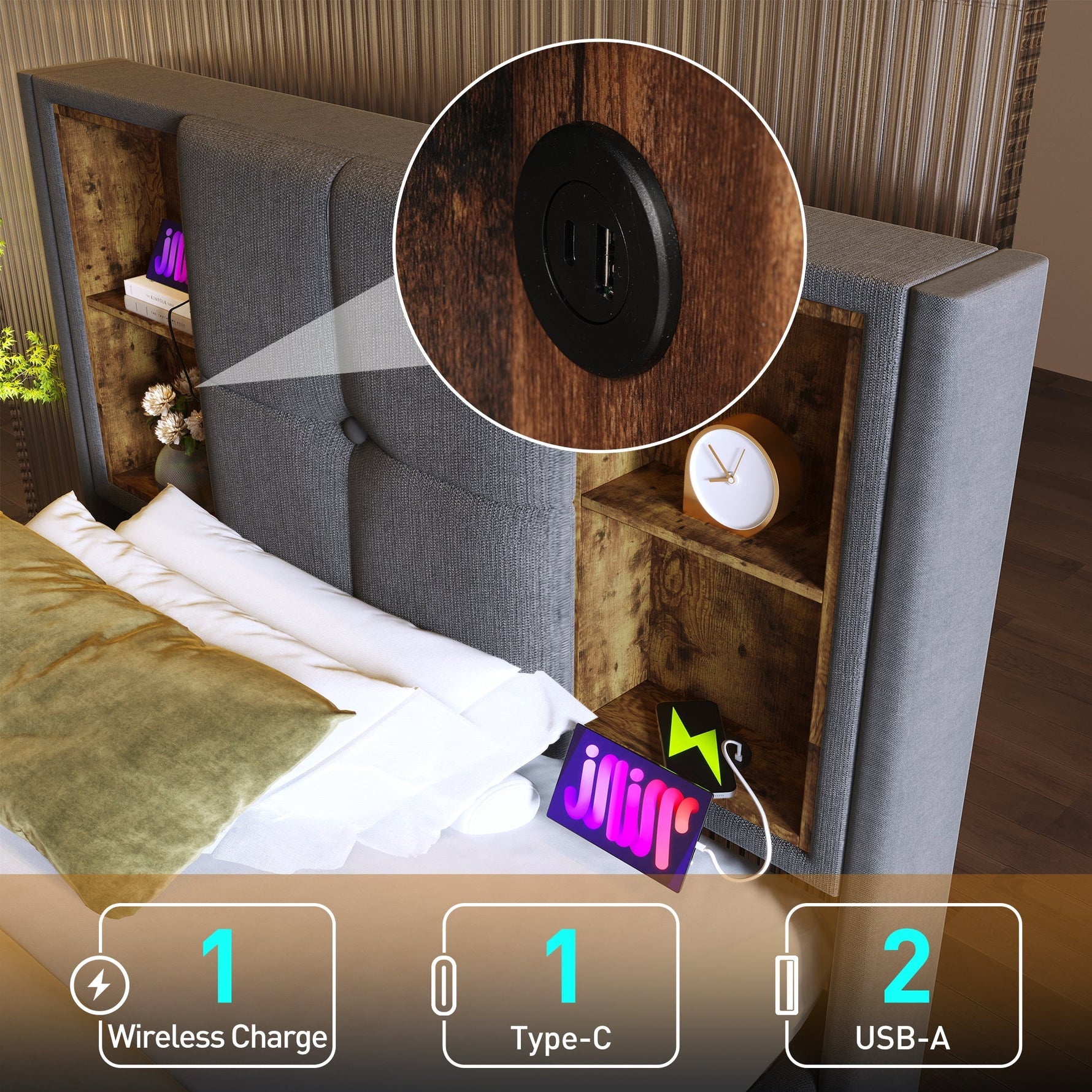 Single Bed with Wireless Charging & Storage, 90x200cm, Grey Cotton