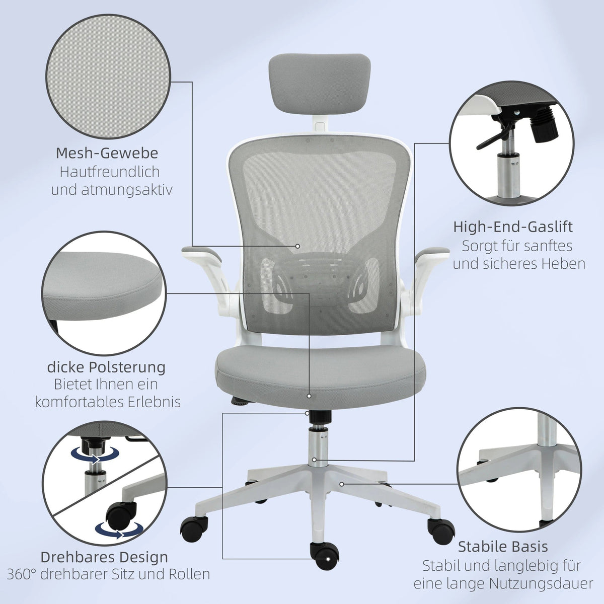 Ergonomic Office Chair, Headrest Rocking Function Height Adjustable, Grey