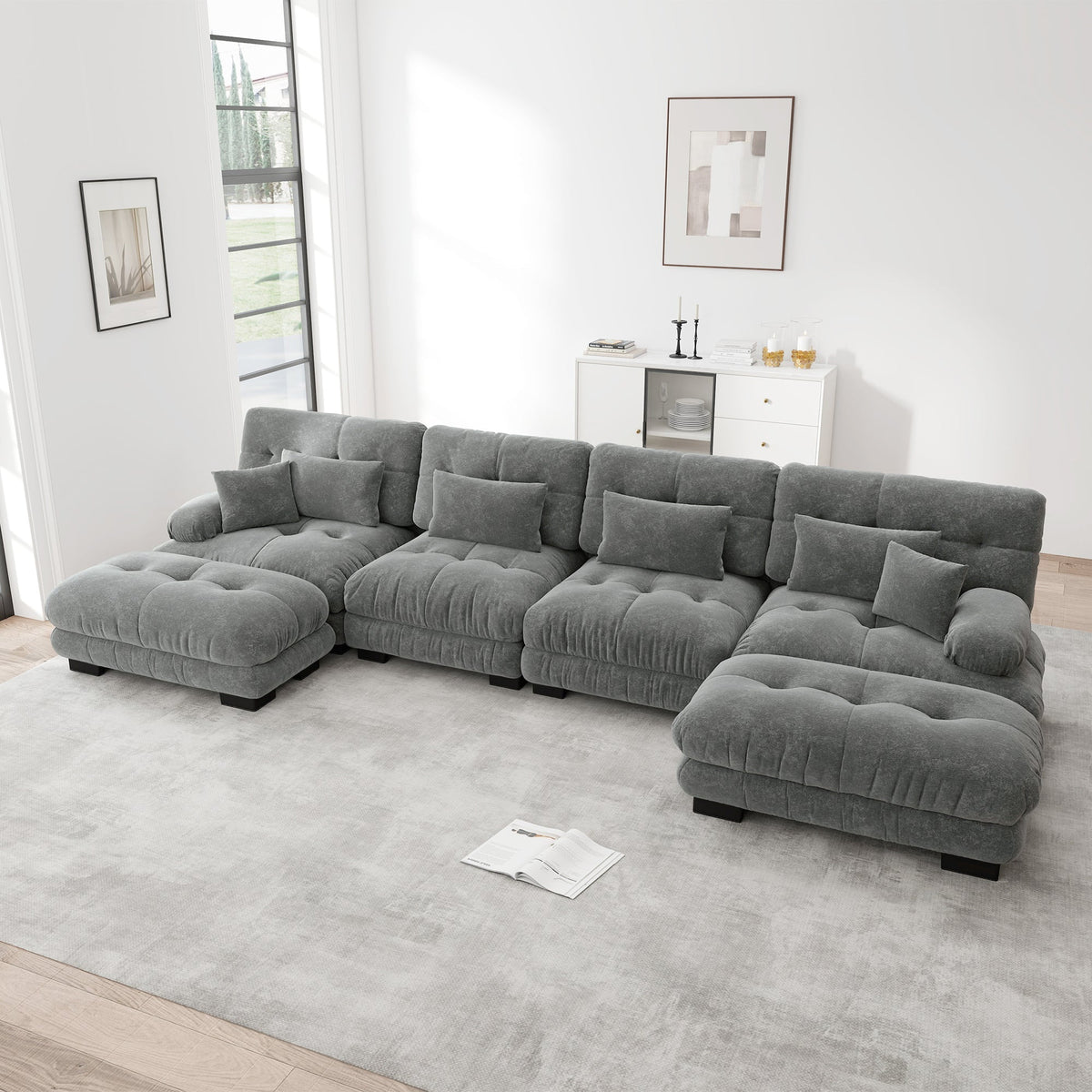 Modular Corner Sofa U-Shaped 4-Seater Movable Ottoman Chenille Grey