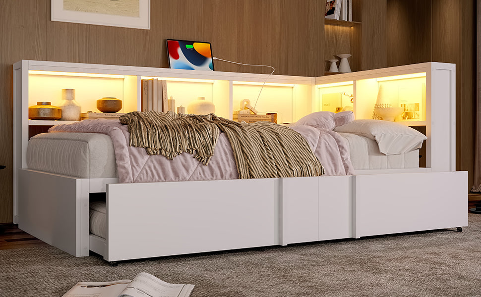 Metal Daybed 90x200cm Pull-out Bed Storage Cabinets LED USB White