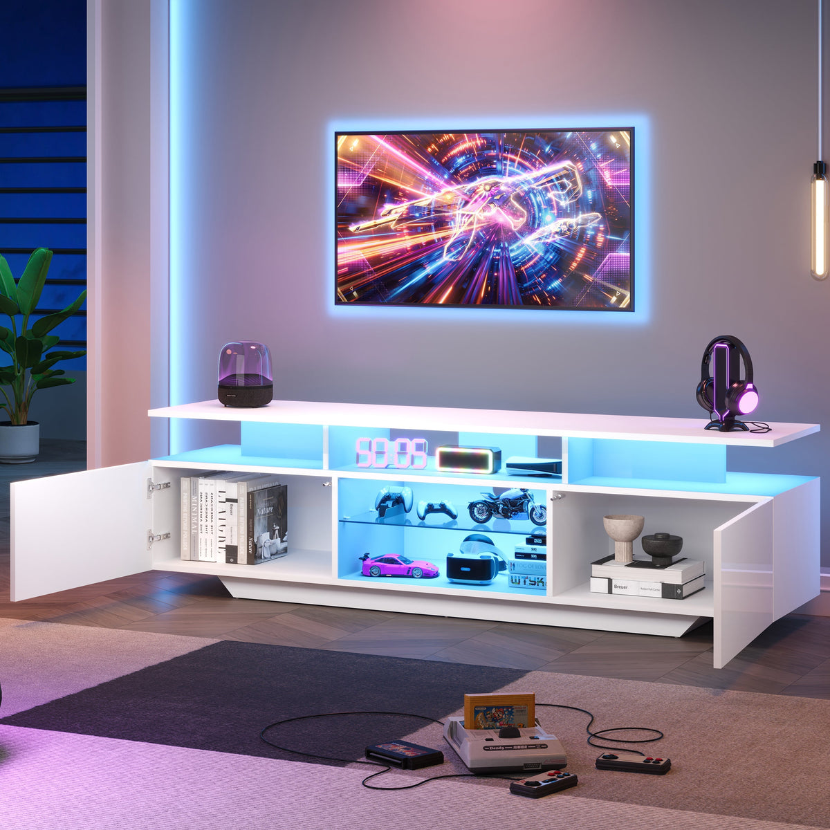 TV Cabinet 160x45cm High-Gloss LED Light 8 Shelves for 70-Inch TV, MDF