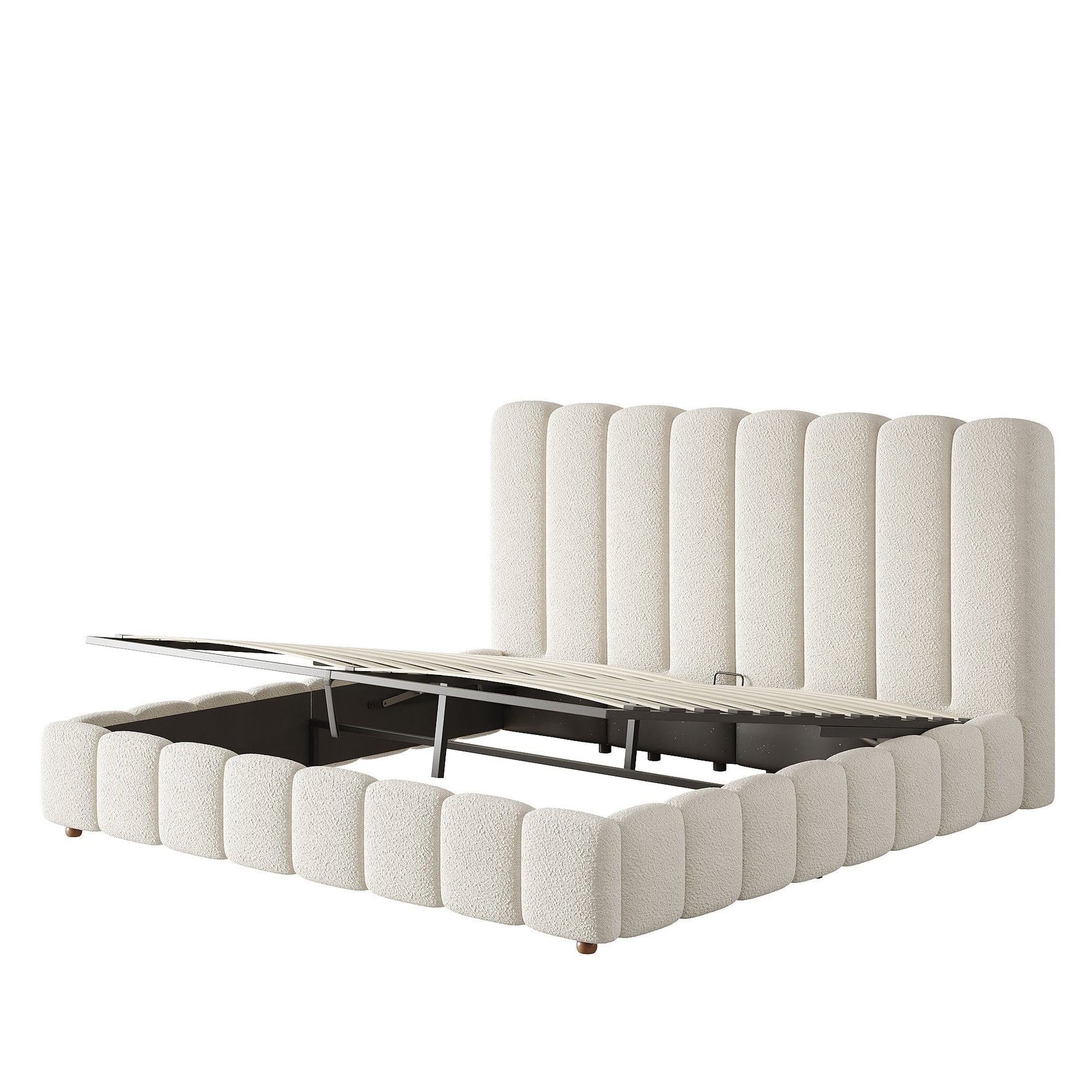 Upholstered Double Bed with Hydraulic Storage and Slatted Frame, 160x200cm, White Bouclé