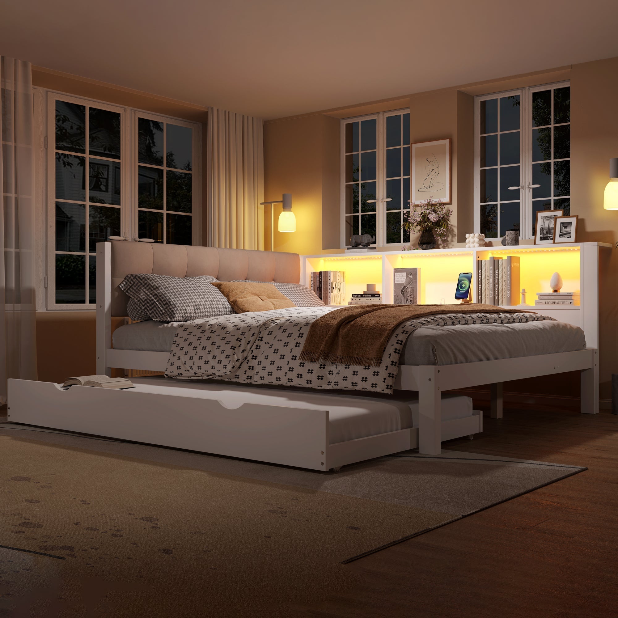Daybed Sofa Bed 140x200cm Pull-out Bed LED Shelf USB - White Pine Wood