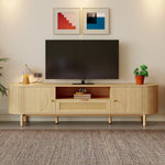 Modern TV Cabinet, Rattan Drawers Open Compartments Rounded Top, Wood Look Metal Legs