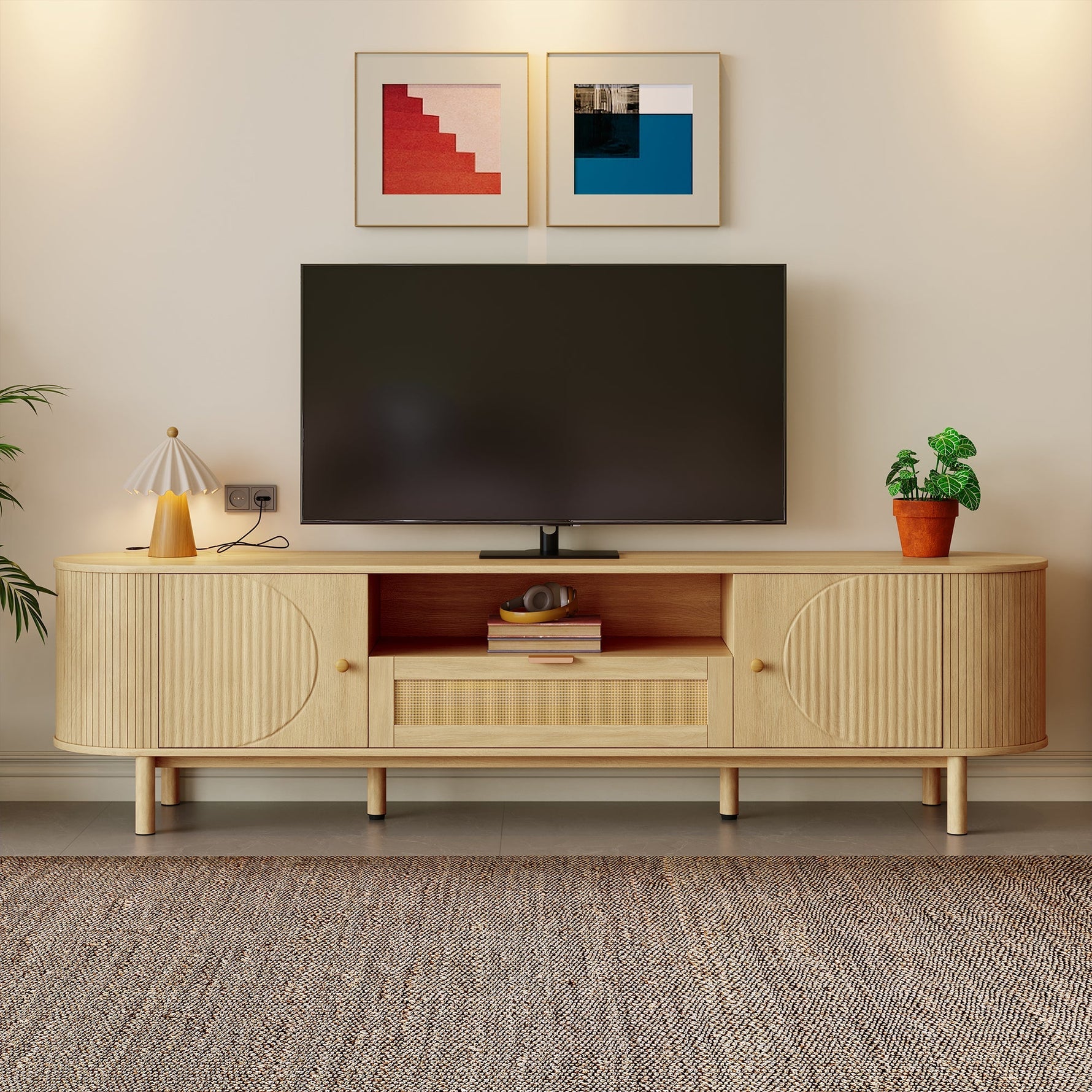 Modern TV Cabinet, Rattan Drawers Open Compartments Rounded Top, Wood Look Metal Legs