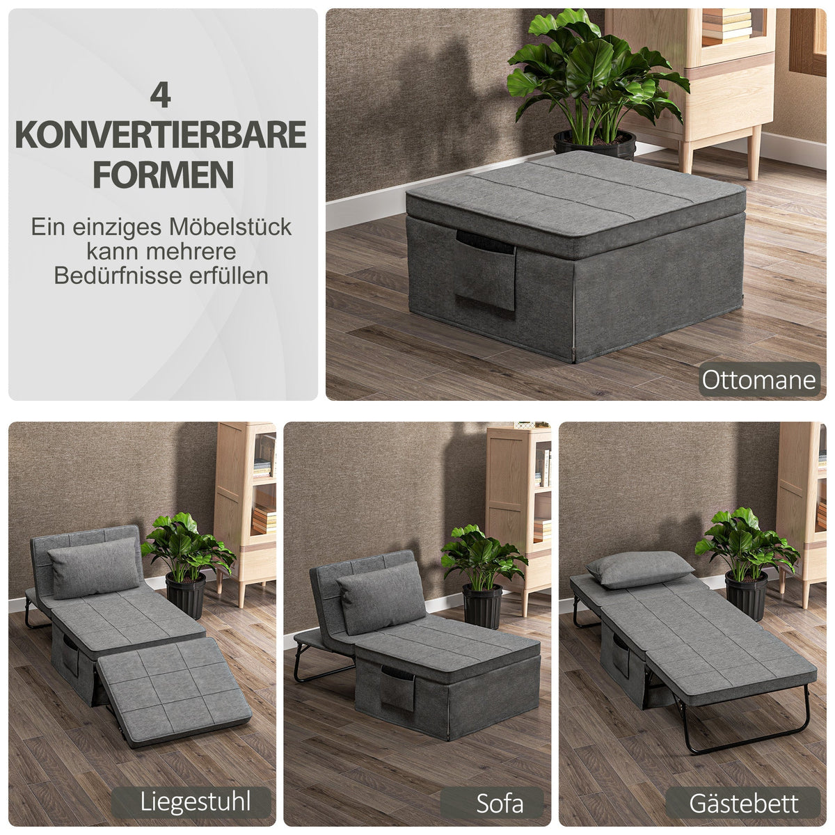 4-in-1 Folding Bed Guest Bed Armchair Ottoman, 5-Level Adjustable, Steel Frame