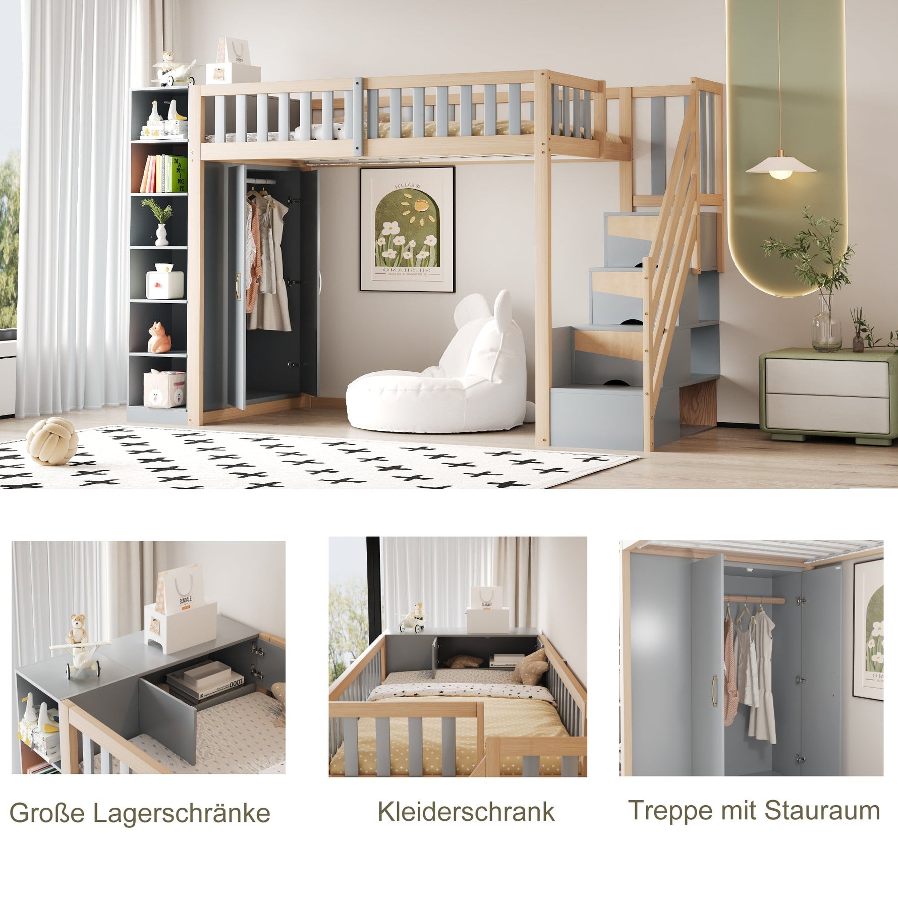 Loft Bed, Multifunctional with Shelves, Storage & Wardrobe, Grey + Raw Wood