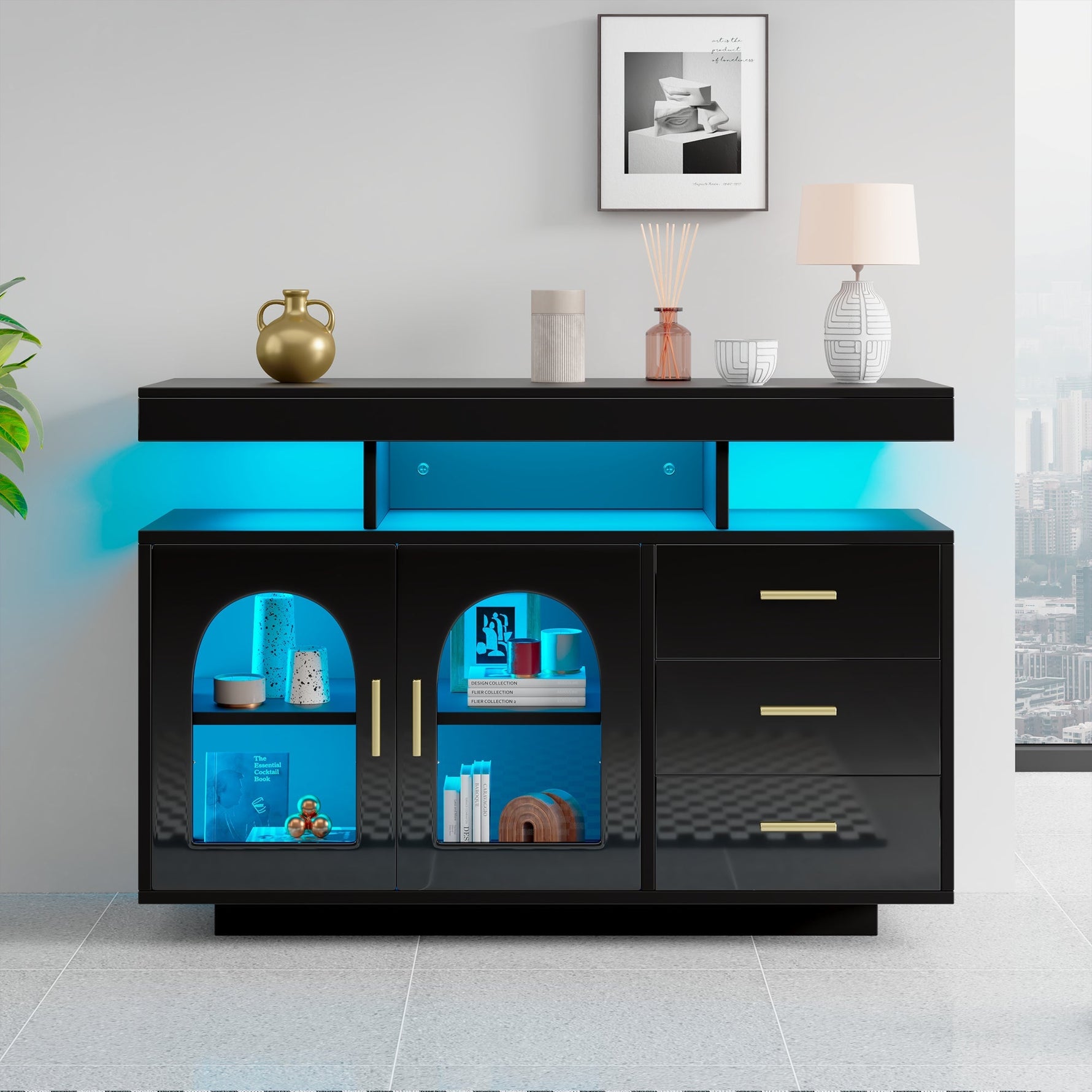 LED Sideboard Buffet Cabinet with 16-Color Lights and 3 Drawers, Black