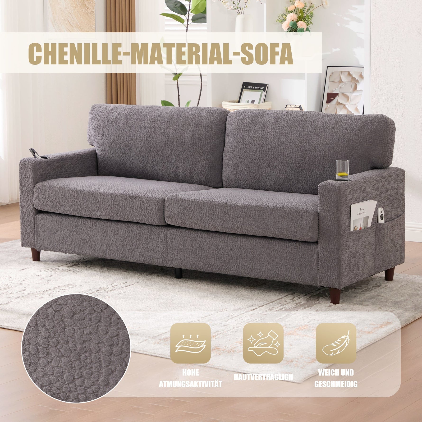 2-Seater Sofa USB-C LED Cup Holders & Pockets - Light Gray Chenille