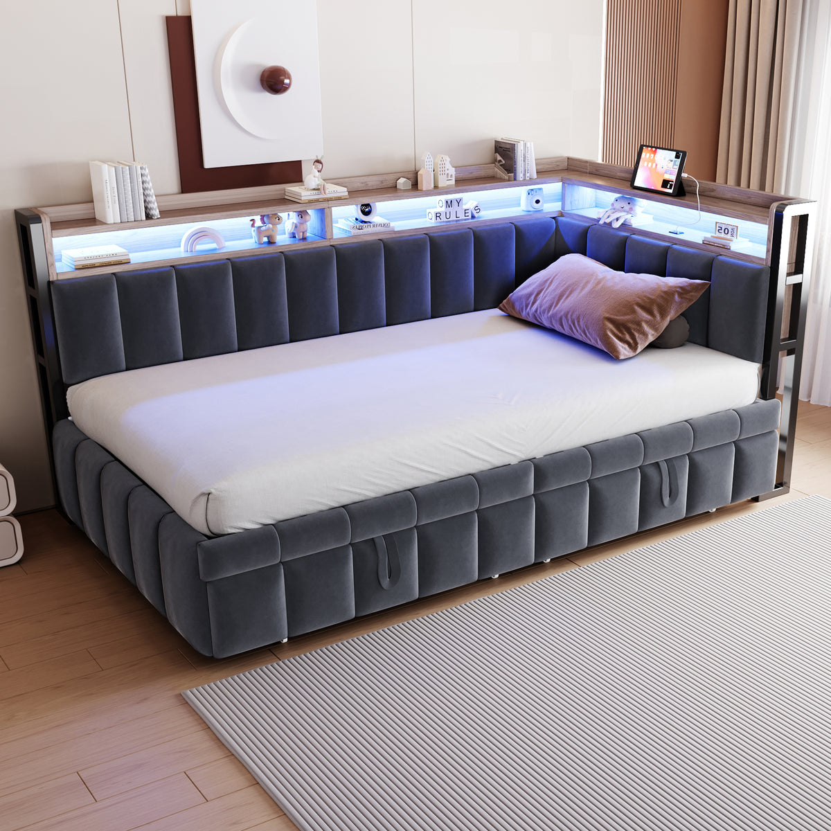 Upholstered Sofa Bed 90x200cm, Trundle & Storage, Dark Grey Velvet
