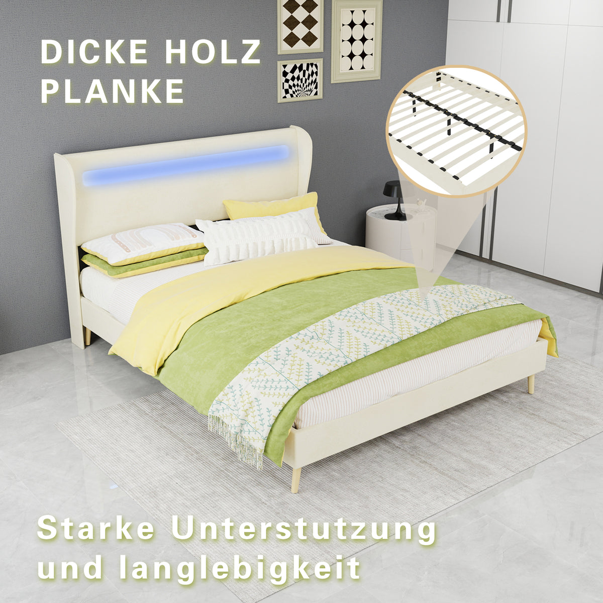 Upholstered Bed with LED Headboard & Mattress 140x200 cm, Beige