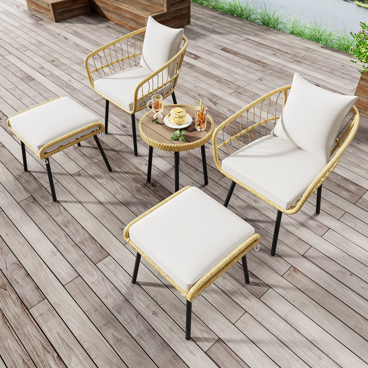 5-Piece Garden Lounge Set with Table, Chairs & Stools, Natural Rattan