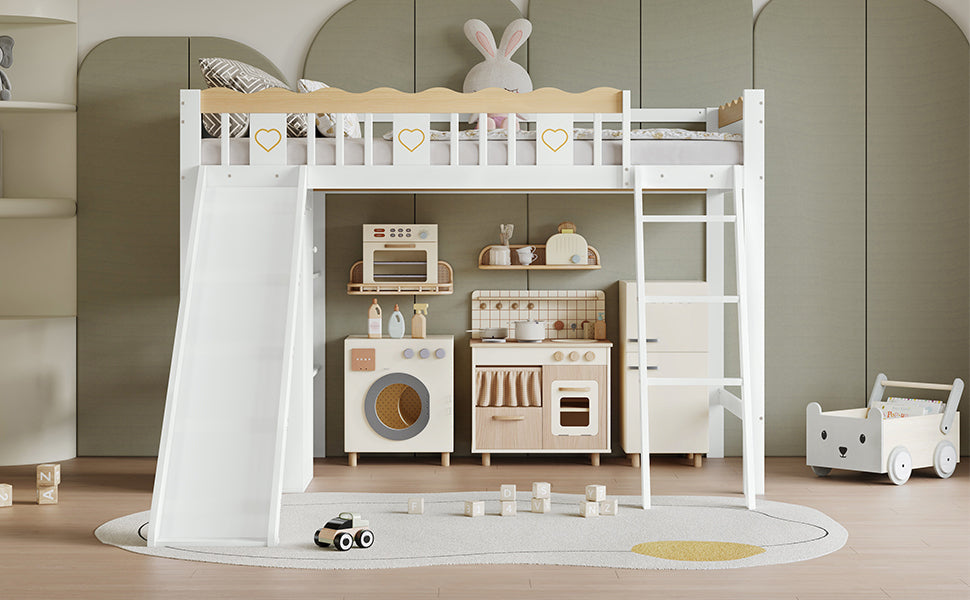 Loft Bed with Slide & Storage, Pine + MDF + Plywood, White + Natural