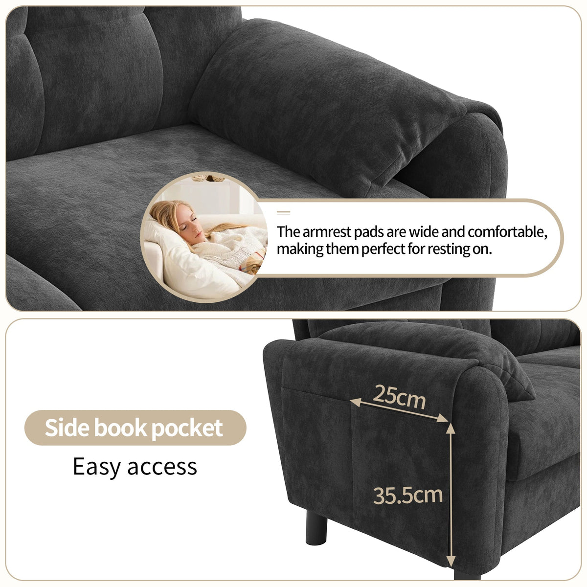 Modern 2-Seater Sofa, Thick Cushions, Scandinavian Design, Chenille Gray