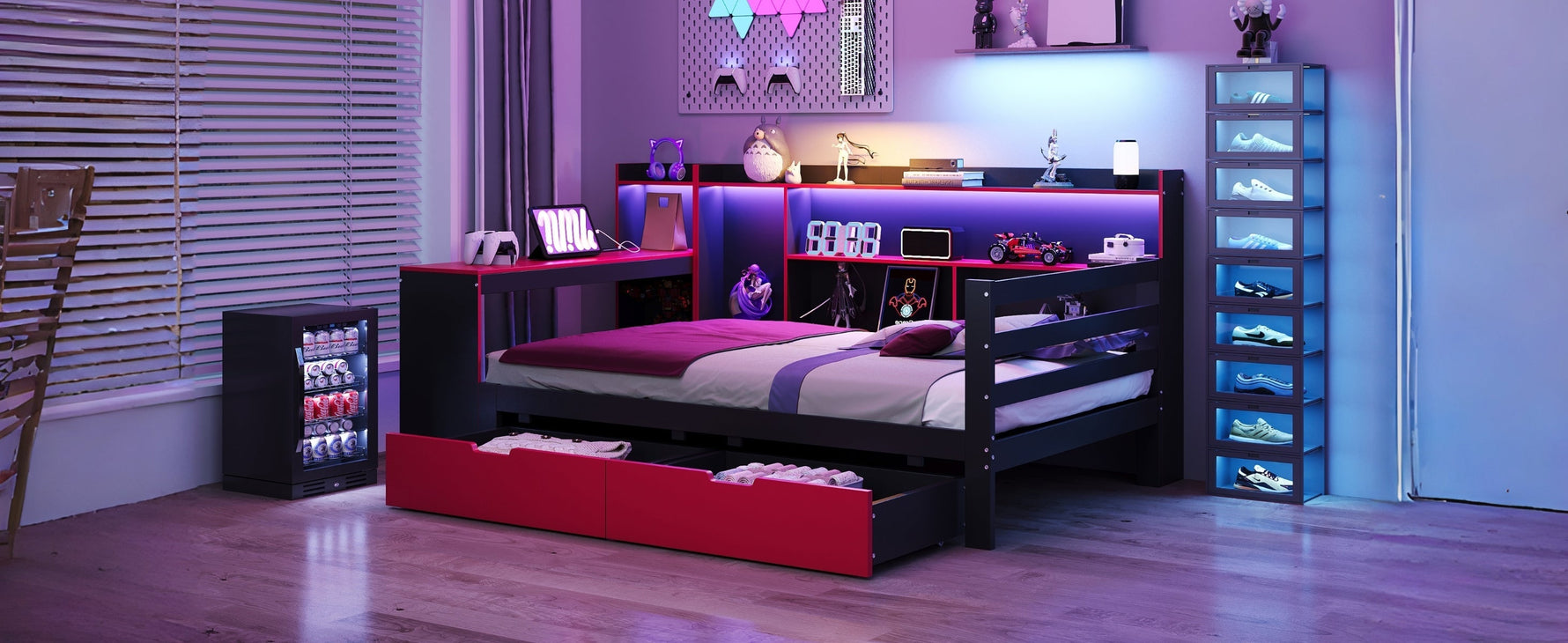 Multifunctional Wooden Sofa Bed with Desk, Bookshelf, Lighting and Sockets, 90x200cm, Black and Red Wood