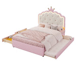 Upholstered Bed 140x200cm Pull-out 2 Drawers Ambient LED Princess Design - Pink PU