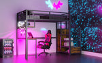 Metal Loft Bed 90x200cm Storage Ladder Wardrobe Desk Light & USB - Black