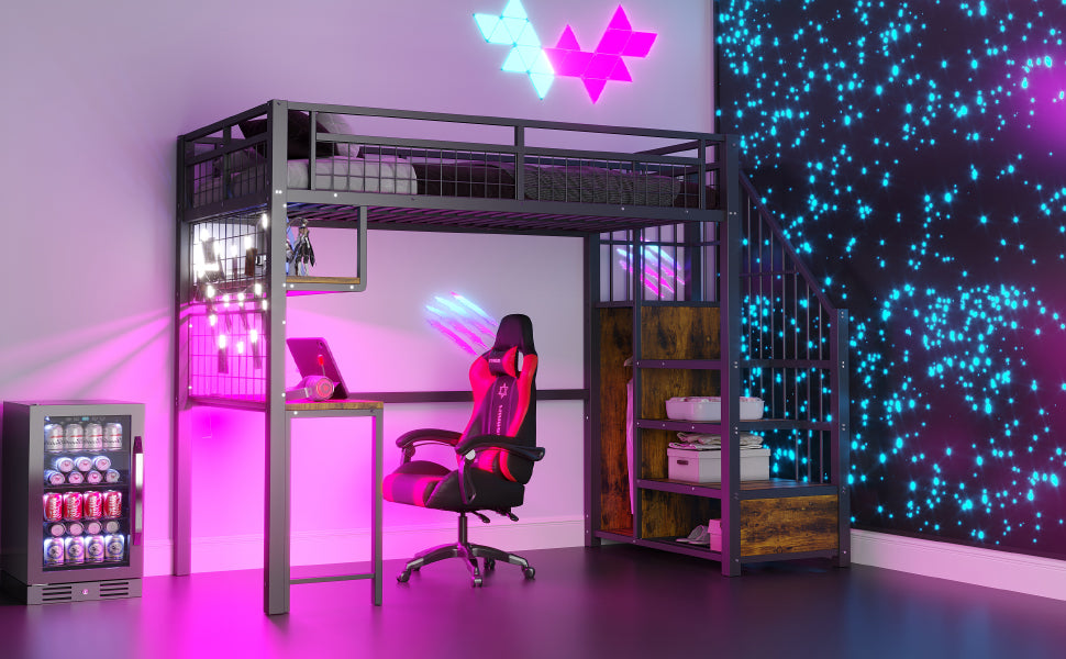 Metal Loft Bed 90x200cm Storage Ladder Wardrobe Desk Light & USB - Black
