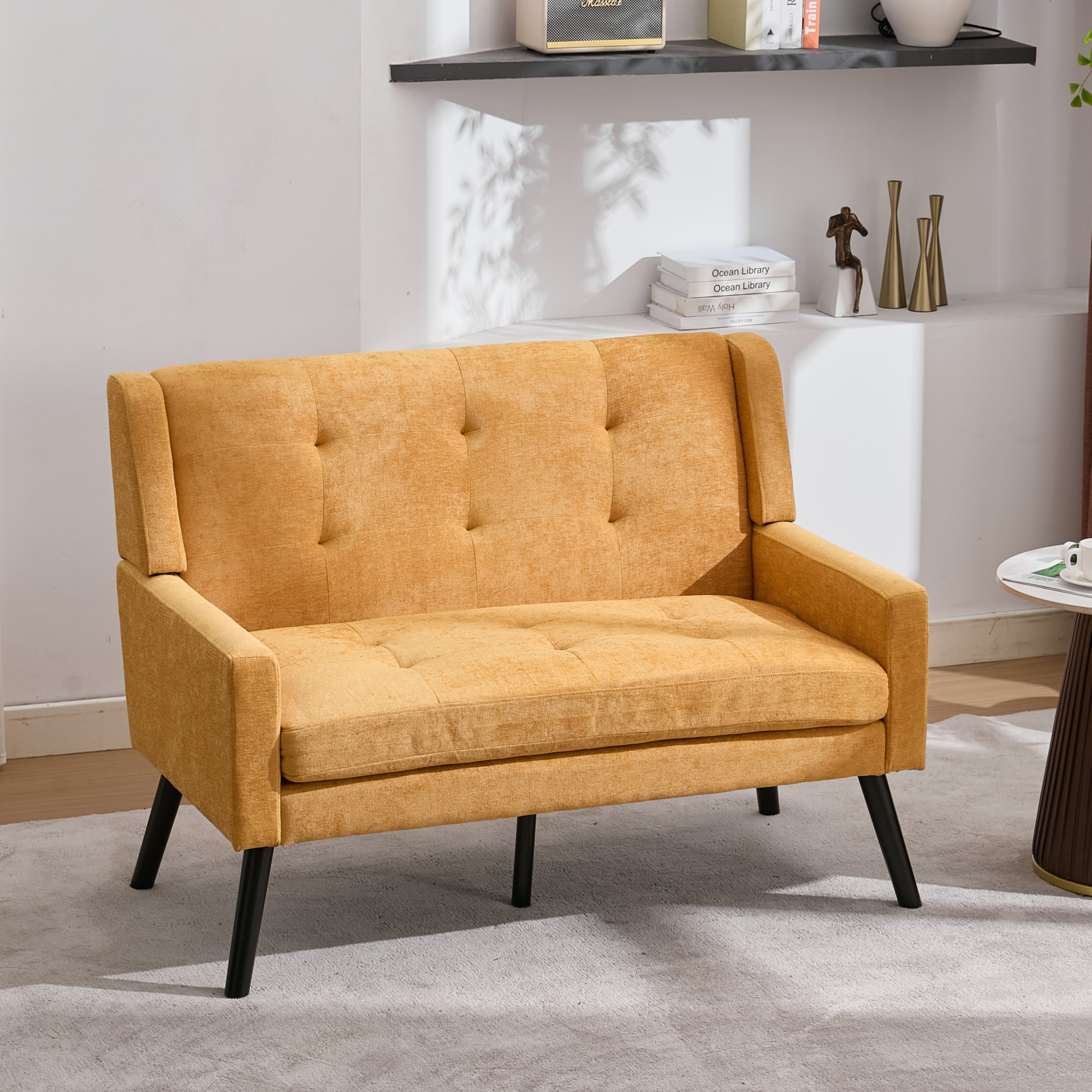 Premium Linen Bench with 2-Seater Tufted Design and Solid Wood Legs, Natural Linen Tone