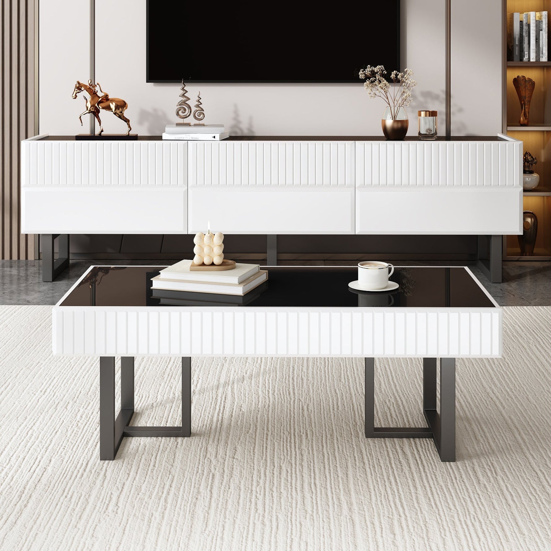 Coffee Table and TV Cabinet Set Modern Minimalist Storage Furniture - Black and White Stripe