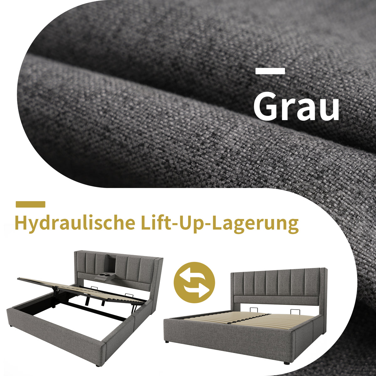 Upholstered Bed 140x200 with Storage & Charging Station, Grey Linen